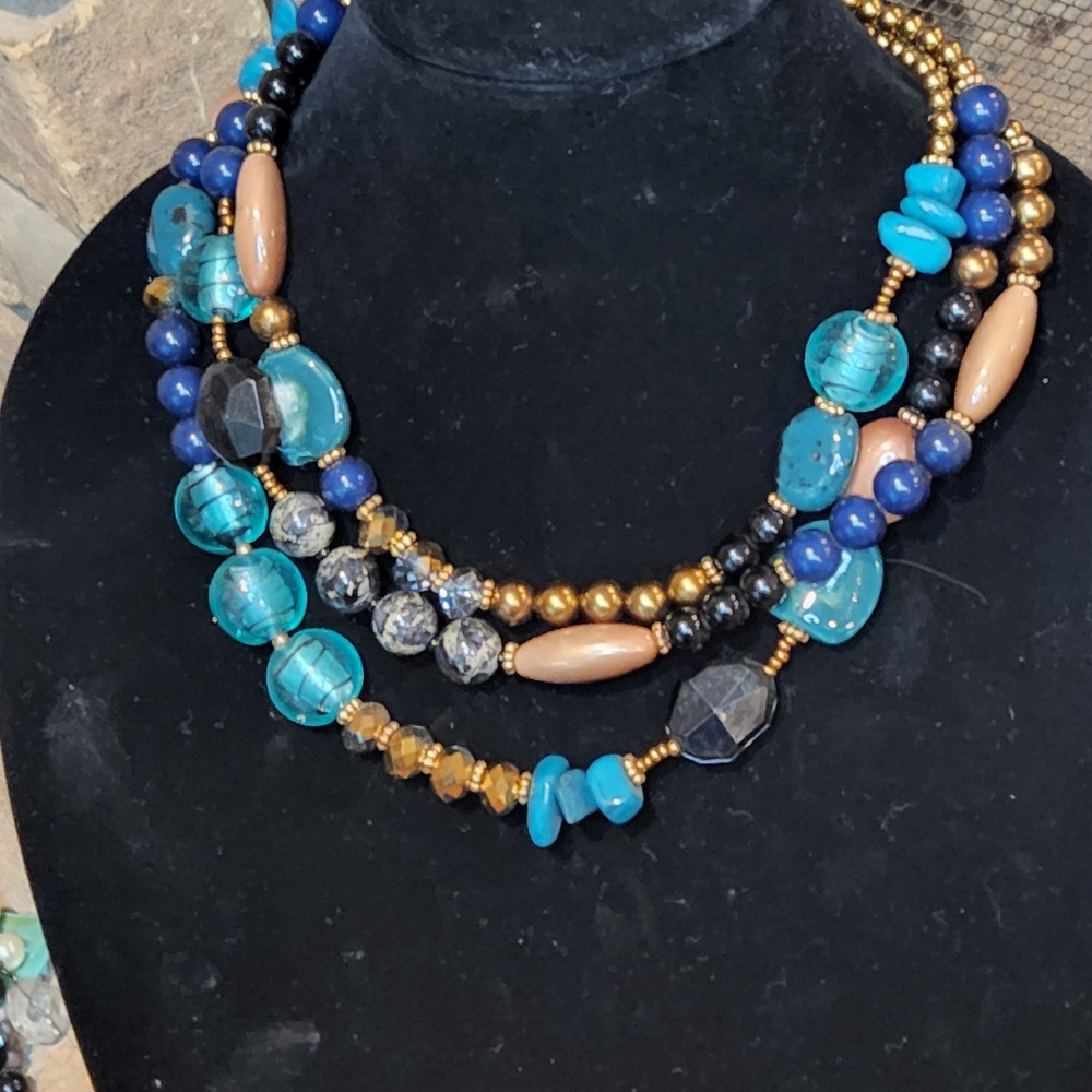 VINTAGE 3 STRAND NECKLACE WITH GLASS,CRYSTAL,PEARL,AND FAUX TURQUOISE